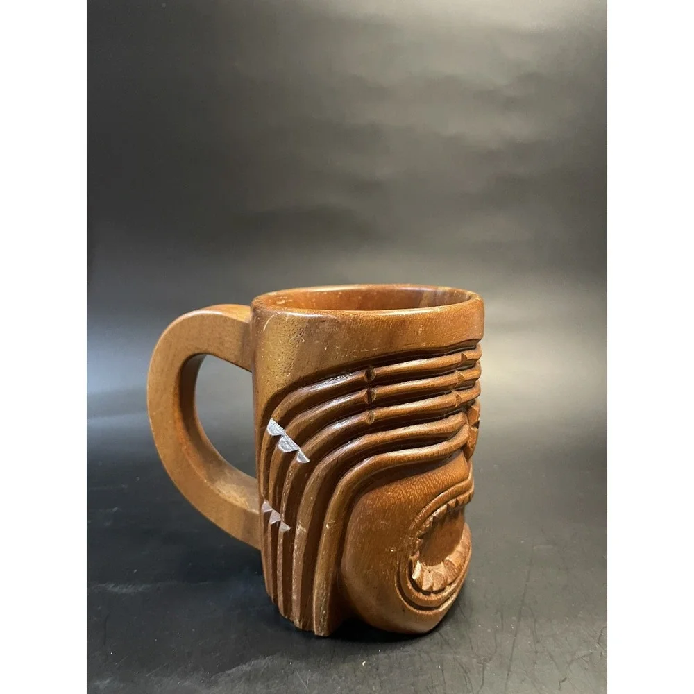 Vintage TIKI Mug Hand Carved Wood- From The Phillipines - Handled Cup